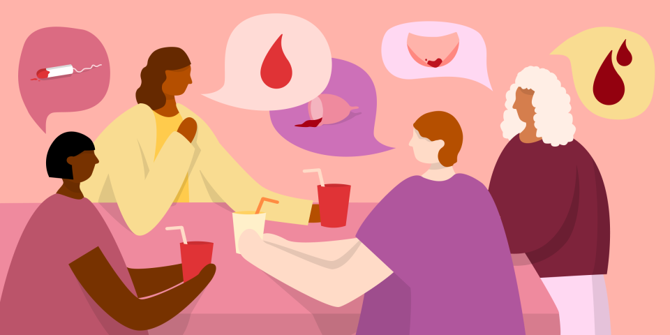 illustration of three red speech bubbles with a period blood drop inside each