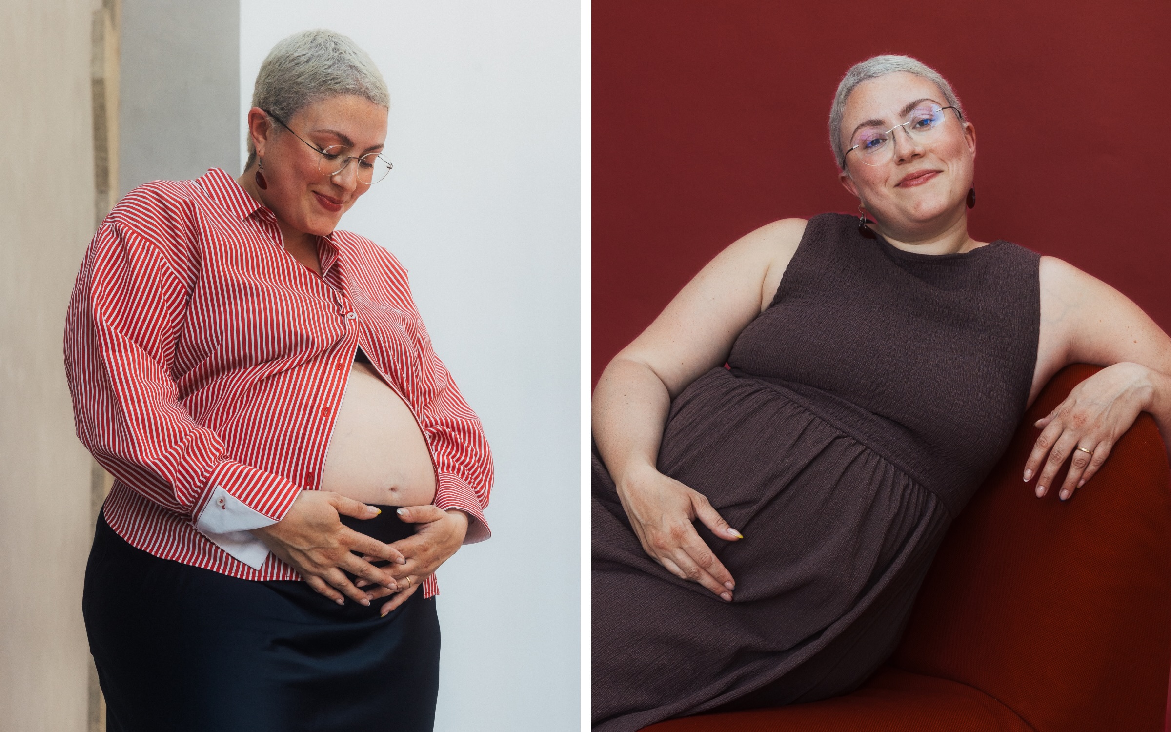 split image of Clue member Giulia holding her pregnant stomach