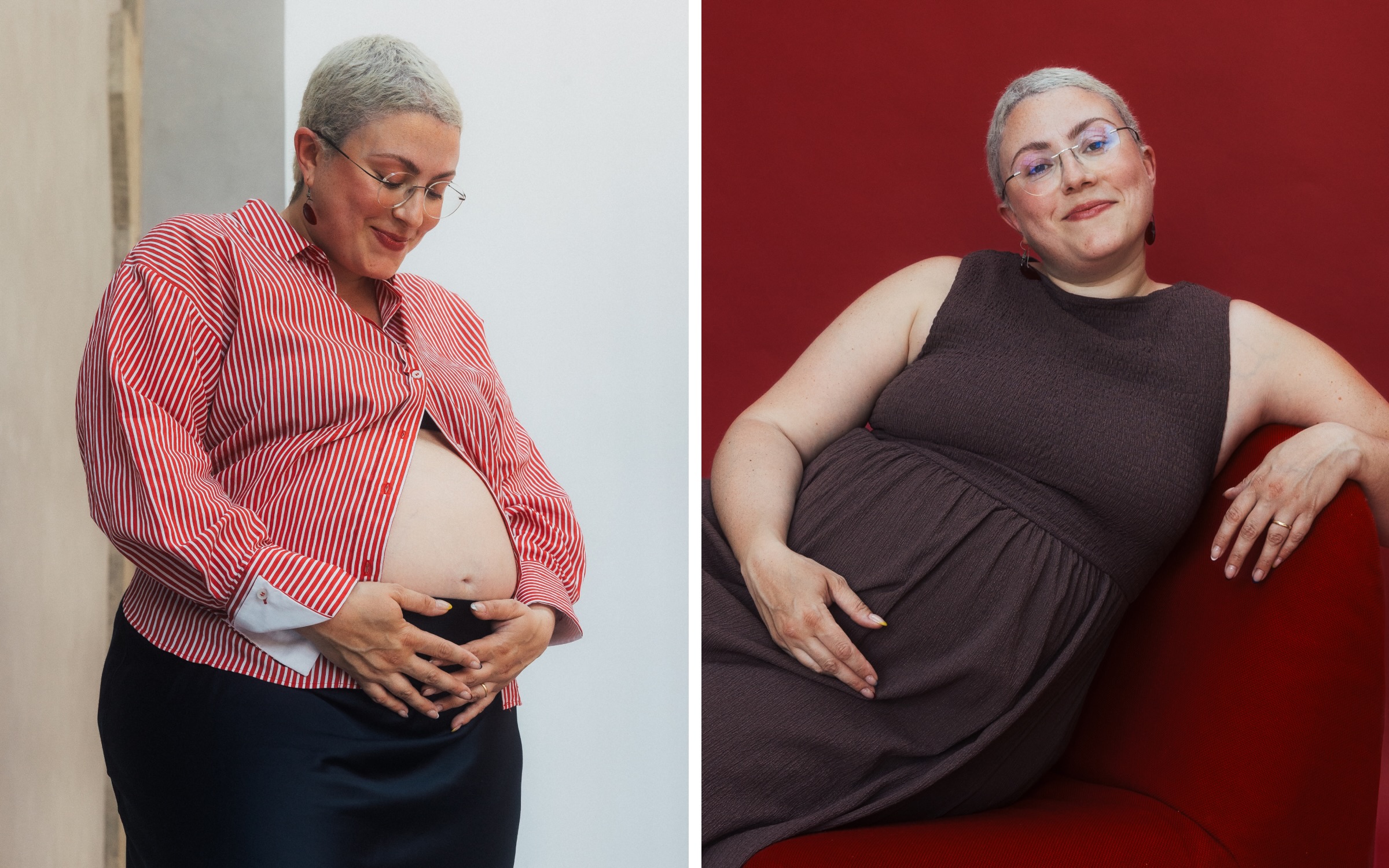 split image of Clue member Giulia in an open shirt smiling down and holding her pregnant stomach