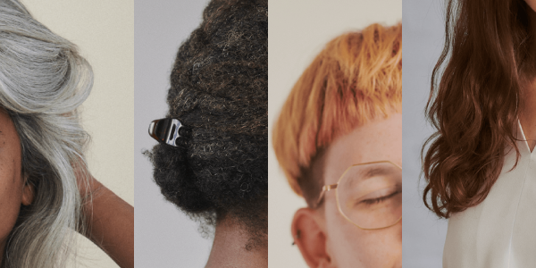 Fotografien von 4 verschiedenen Haartypen: schwarz, blond, braun, rot. 