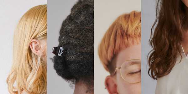 Photographs of 4 different types of hair: straight and blonde, black and very curly, short orange, brown and wavy