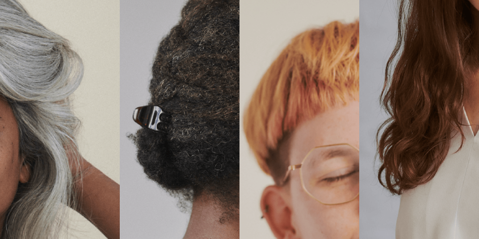 Photographs of 4 different types of hair: black, blond, brown, red.