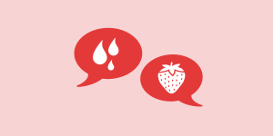 speech bubbles with blood drops and strawberry illustrations