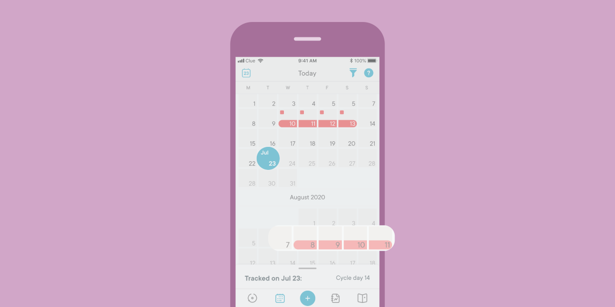 The calendar view of the Clue app, showing past periods and predicted dates for the next period. 
