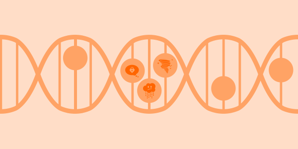 Zoom em um DNA, com alguns dos ícones de humor do Clue dentro das células. Ilustração em tons de laranja.