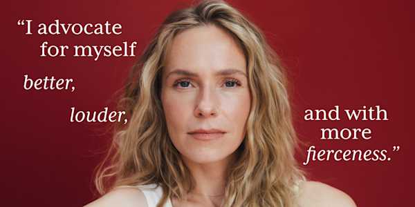 Headshot of Clue member Eva with text overlay "I advocate for myself better, louder, and with moe fierceness"