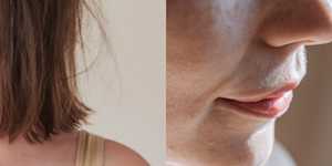 One photo of hair next to another photo showing a close-up of a person's face with small wrinkles.