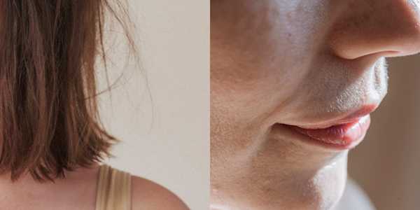 One photo of hair next to another photo showing a close-up of a person's face with small wrinkles.