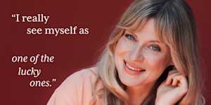 Headshot of Clue member Faye with text overlay "I really see myself as one of the lucky ones"