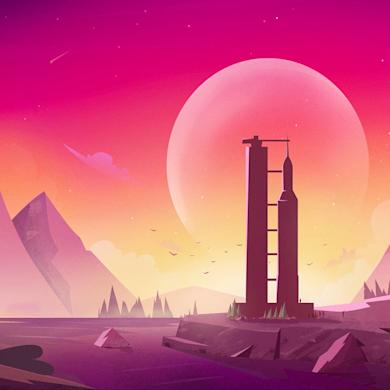 Illustration of a rocket with a moon behind it