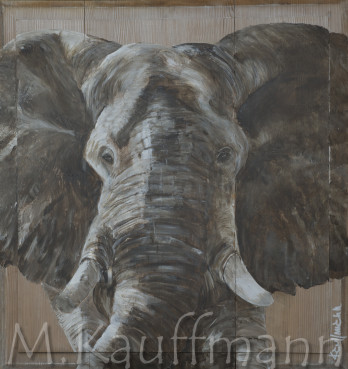 élèphant  : peinture à l'acrylique sur un panneau ancien en bois de 60 x 60
