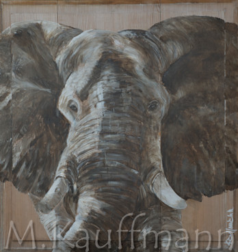 élèphant : peinture à l'acrylique sur un panneau ancien en bois de 60 x 60