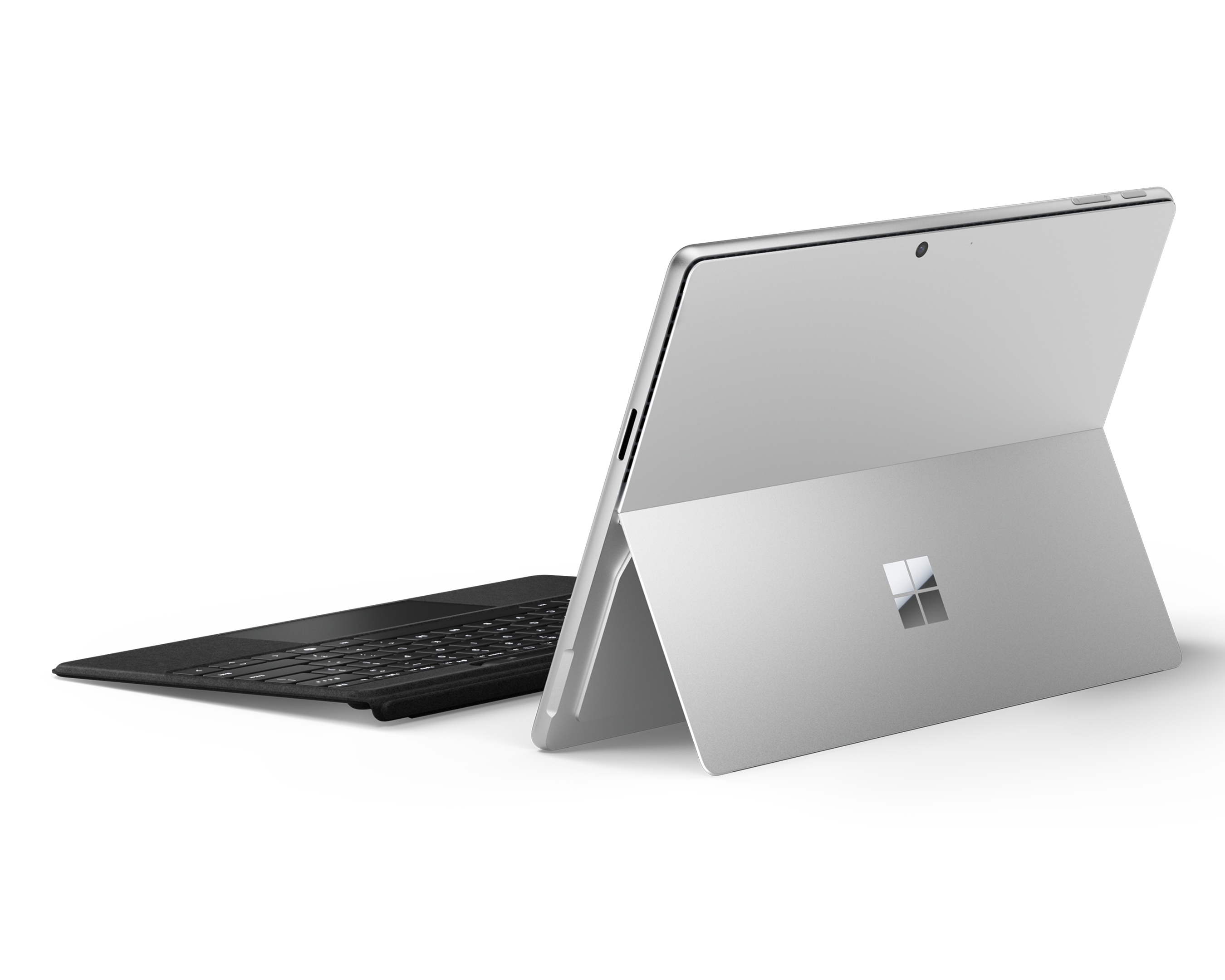 沙棕色 Surface 平板電腦，搭配鍵盤和整合式支架。
