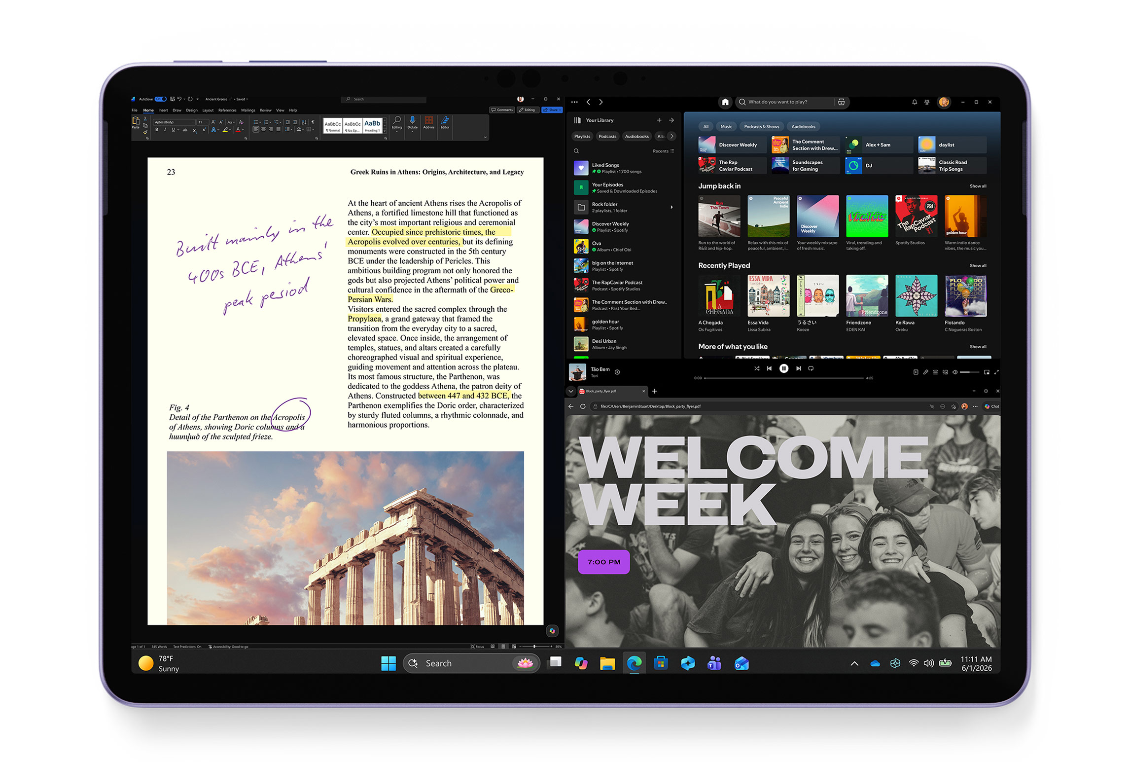 12‑inch Surface Pro in violet displaying a split-screen layout with a Word document on the left and multiple apps on the right