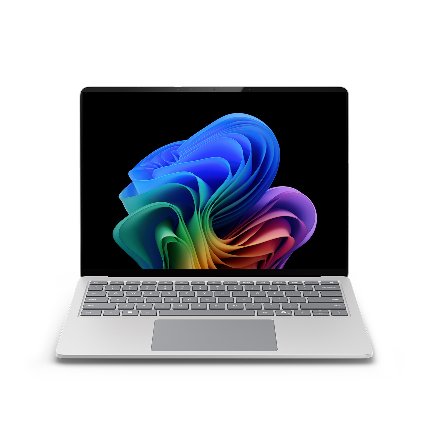 Front view of a platinum Surface Laptop 13.8 inch open with a Windows rainbow bloom displayed on the screen