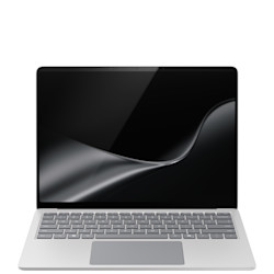 화면에 Windows 무지개 꽃이 만발한 상태로 열려 있는 플래티넘 Surface Laptop 13.8인치의 정면 모습