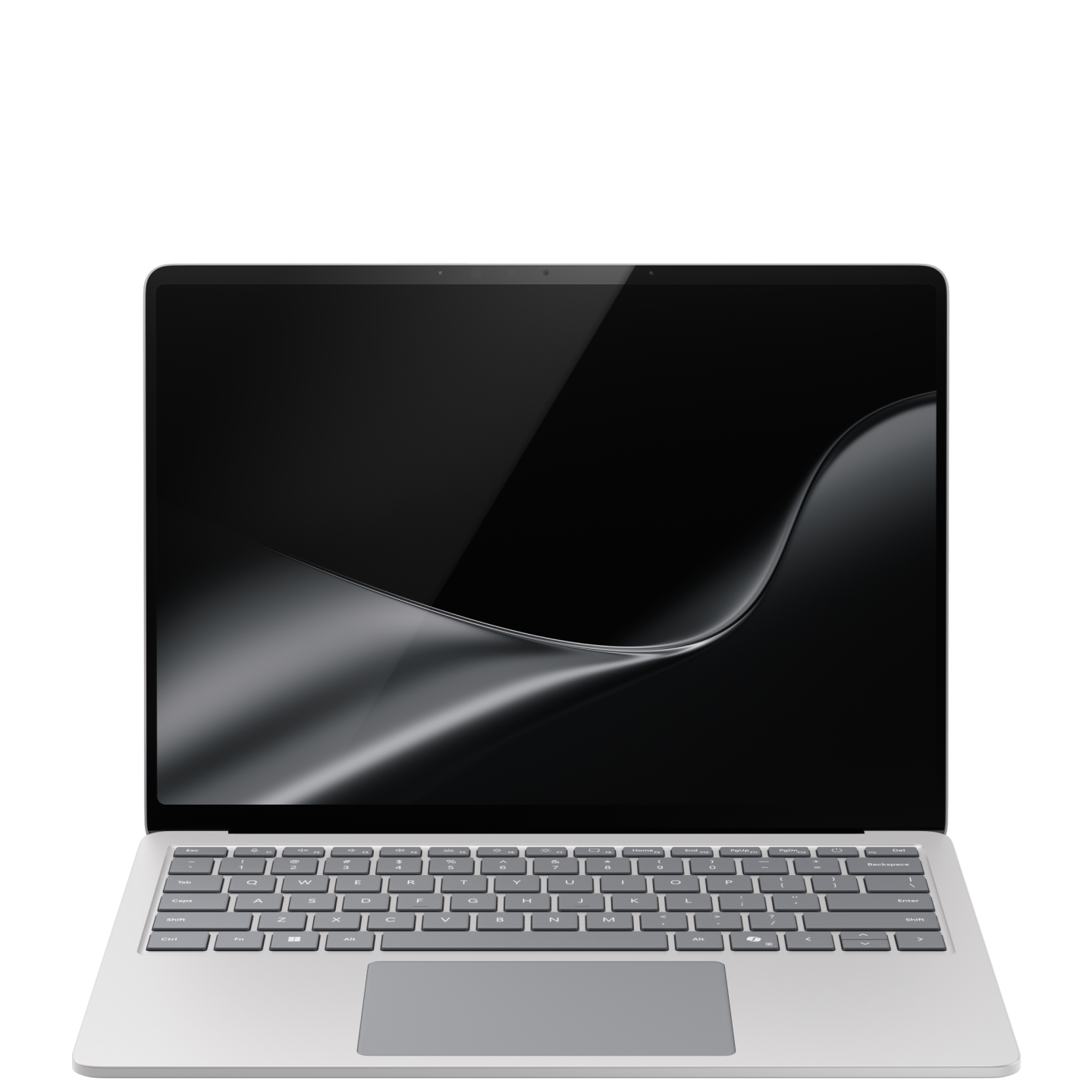 Vue de face d’un Surface Laptop 13.8 pouces couleur Platine ouvert avec une illustration de la fleur arc-en-ciel Windows affichée à l’écran.