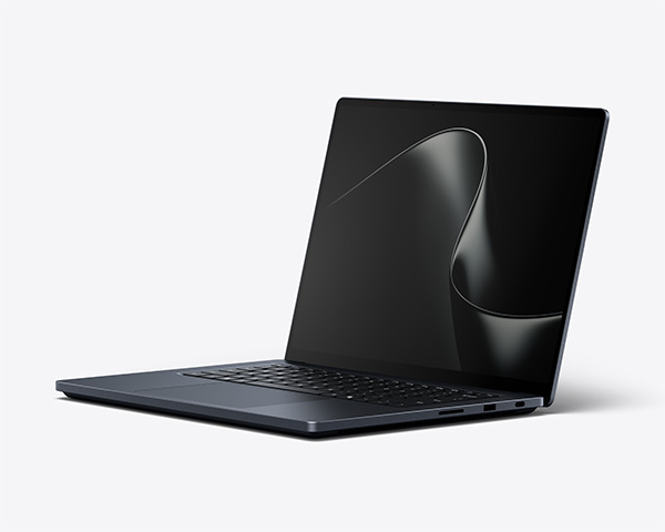 Black laptop with a glossy abstract swirl displayed on a high‑contrast screen, viewed front-on against a light background