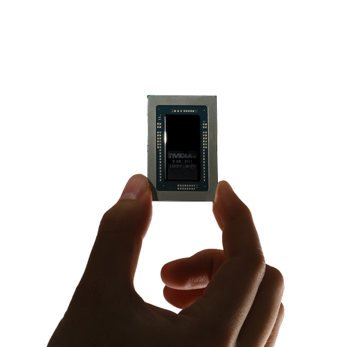 Side profile of a thin black device with a flat rectangular top and raised central base on a light background