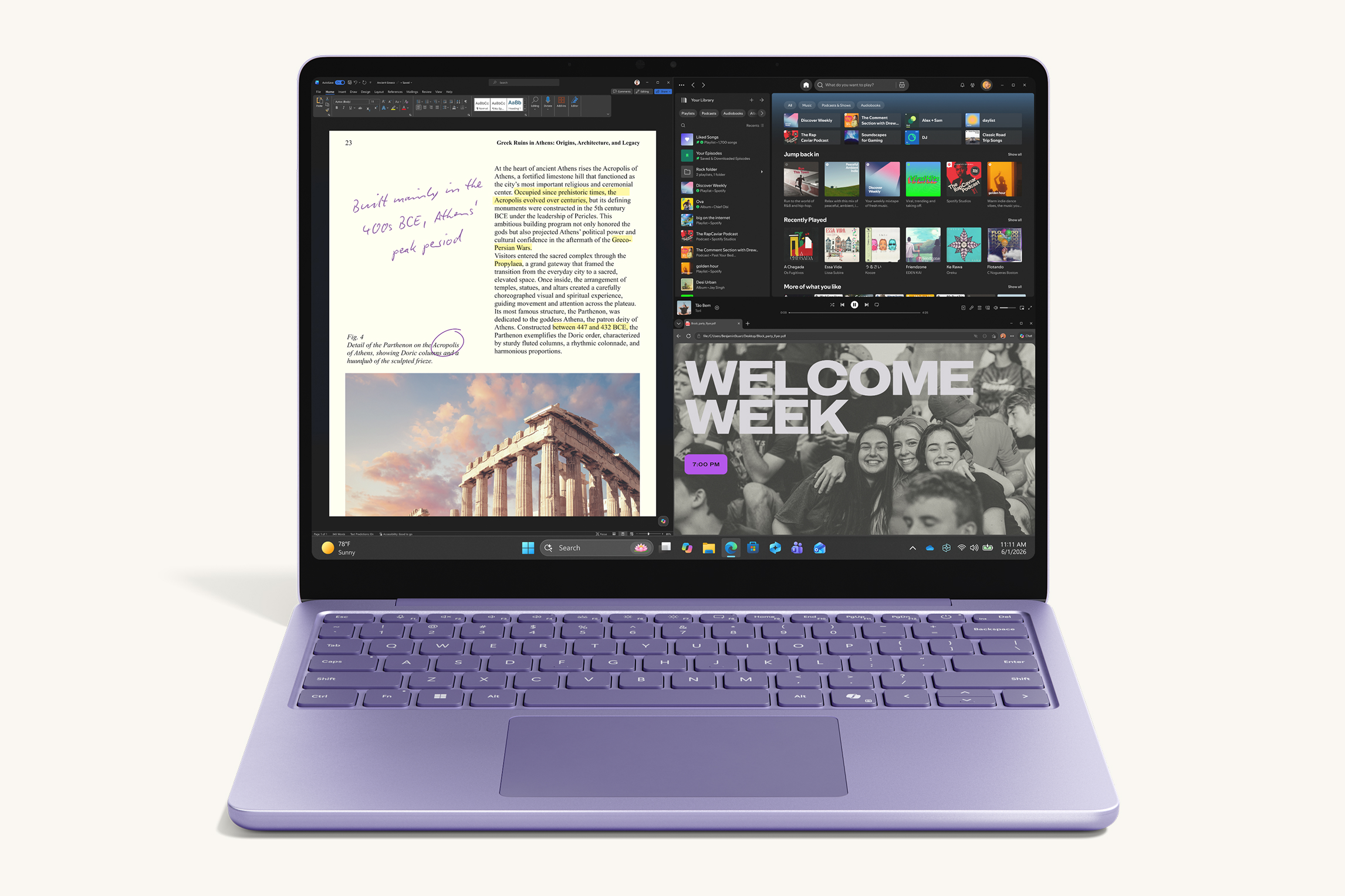 Surface Laptop 13-inch in violet displaying content on screen