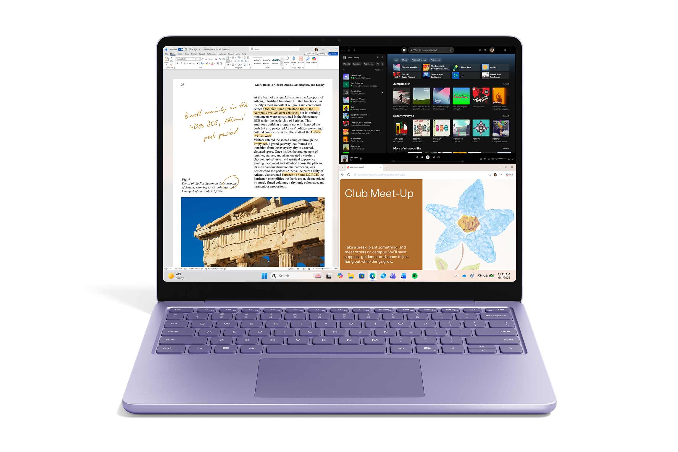 Violet 13-inch laptop displaying a split-screen view with document editing, music app and web content