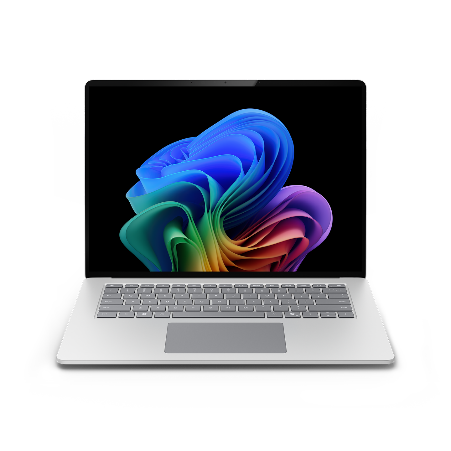 Front view of a platinum Surface Laptop 15 inch open with a Windows rainbow bloom displayed on the screen