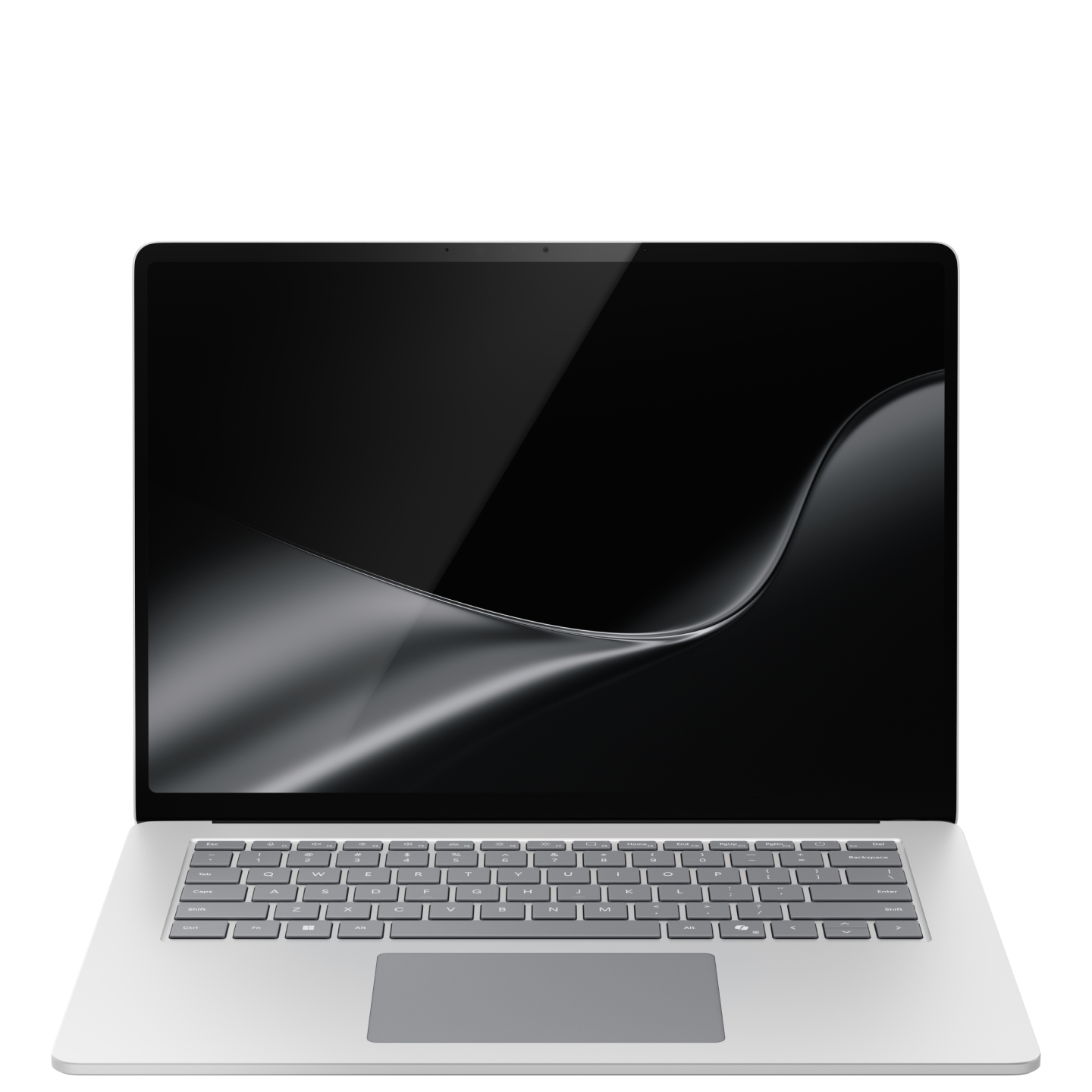 Otwarty Surface Laptop w kolorze platynowym o przekątnej 15 cali z tęczowym kwiatem systemu Windows wyświetlonym na ekranie, widok z przodu