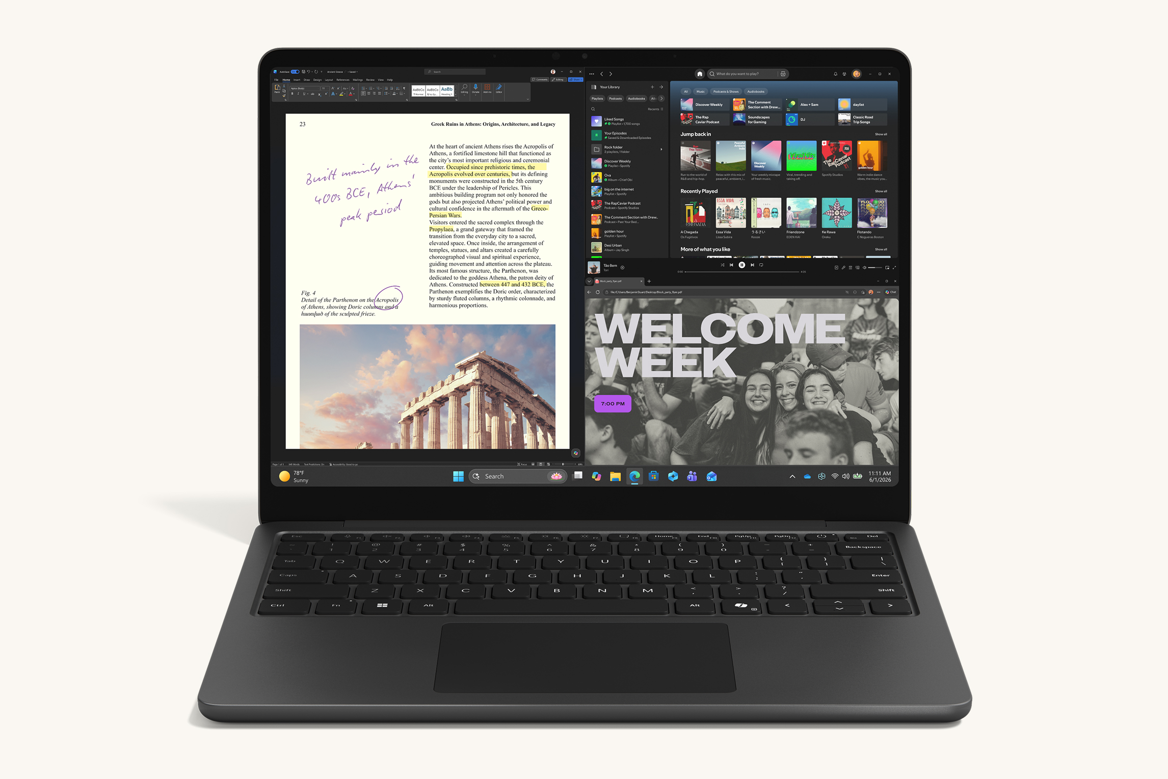 Ocean 13-inch laptop displaying a split-screen view with document editing, music app, and web content