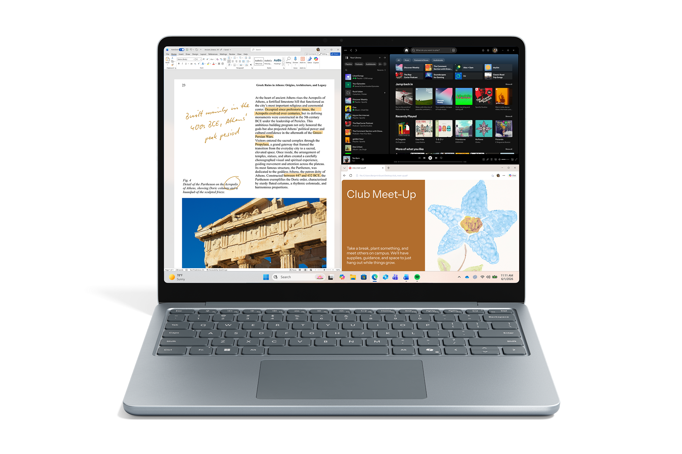 Ocean 13-inch laptop displaying a split-screen view with document editing, music app and web content