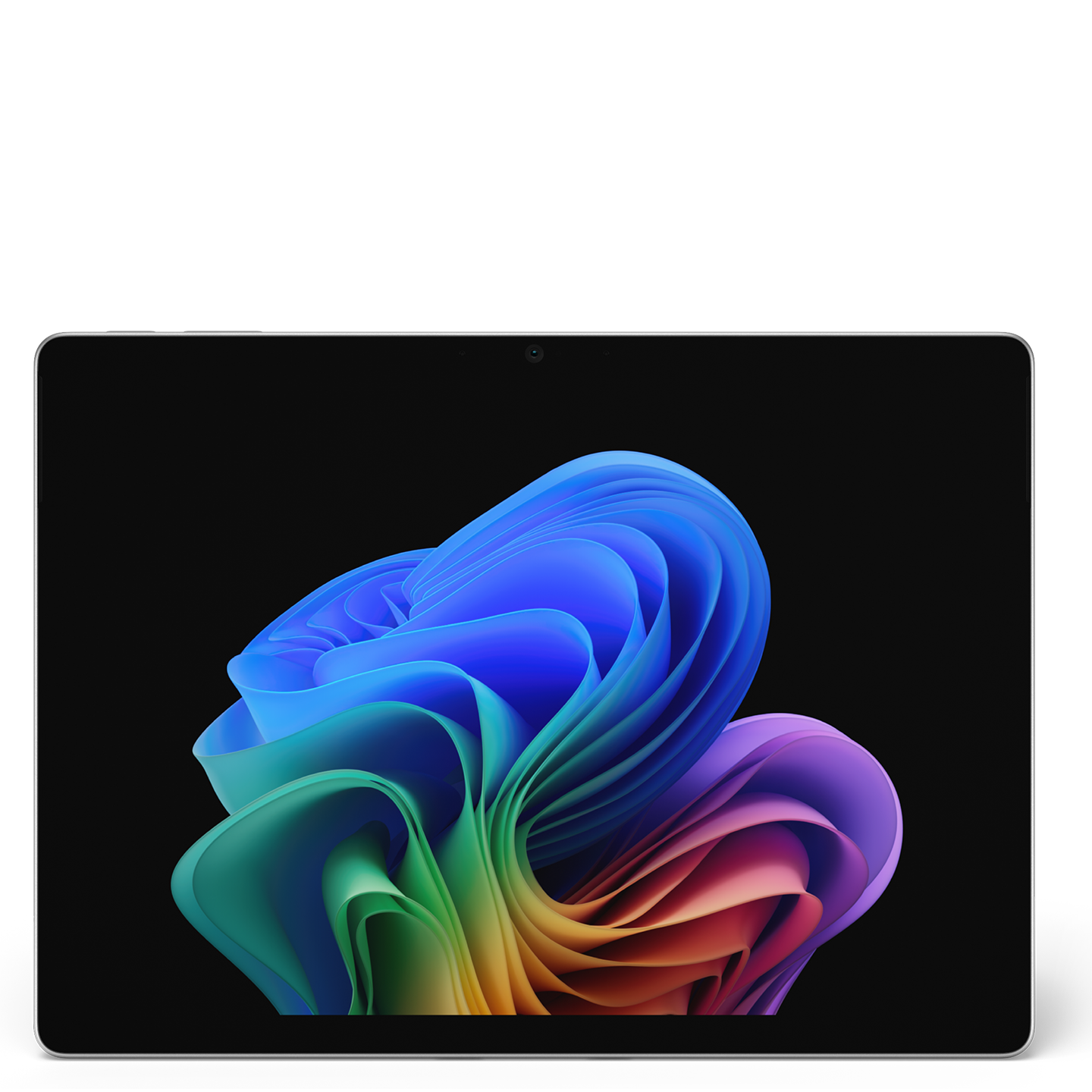 13-inch tablet in violet displaying an abstract design with flowing blue, green and orange waves on screen.