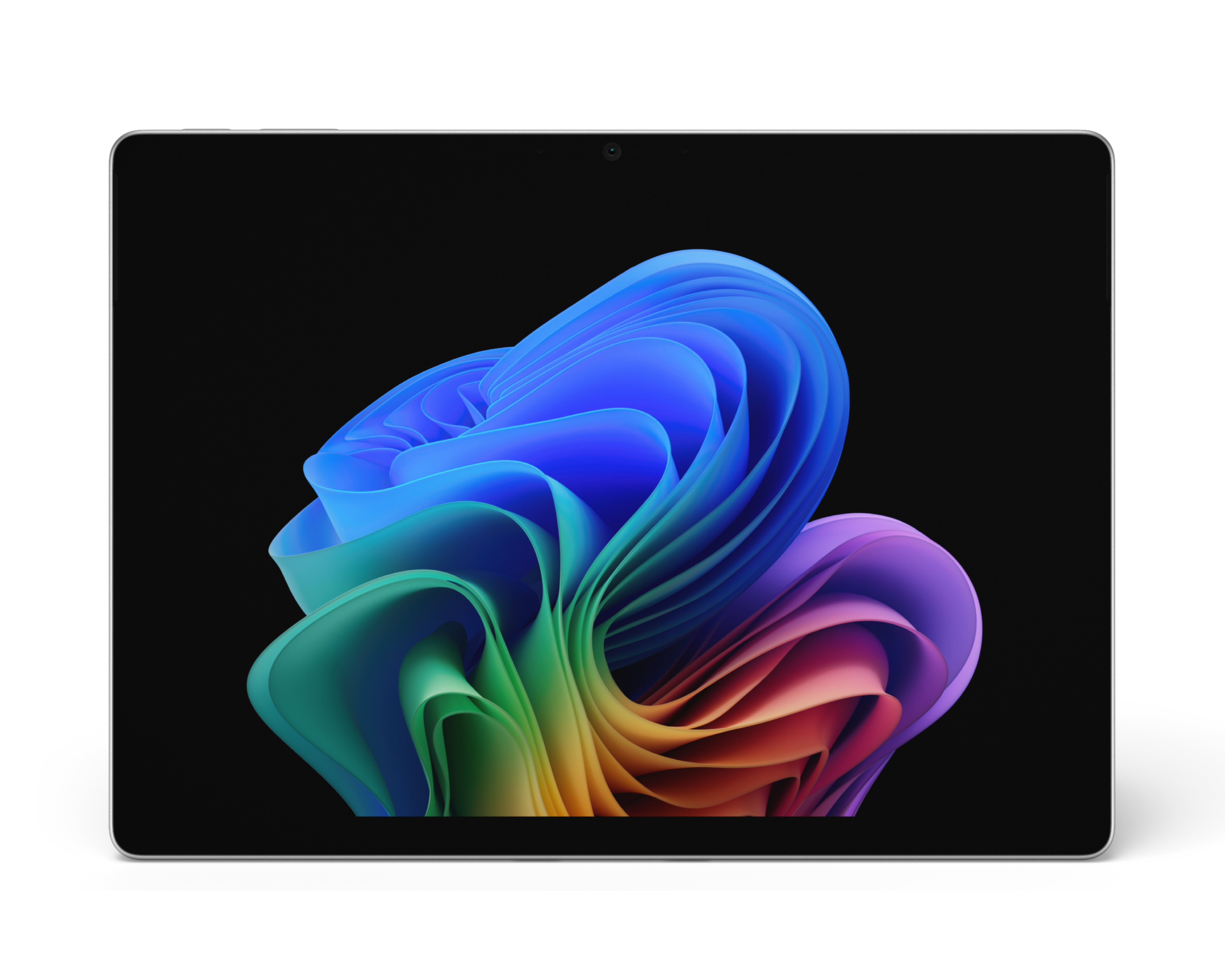 13-inch tablet in violet displaying an abstract design with flowing blue, green and orange waves on screen.