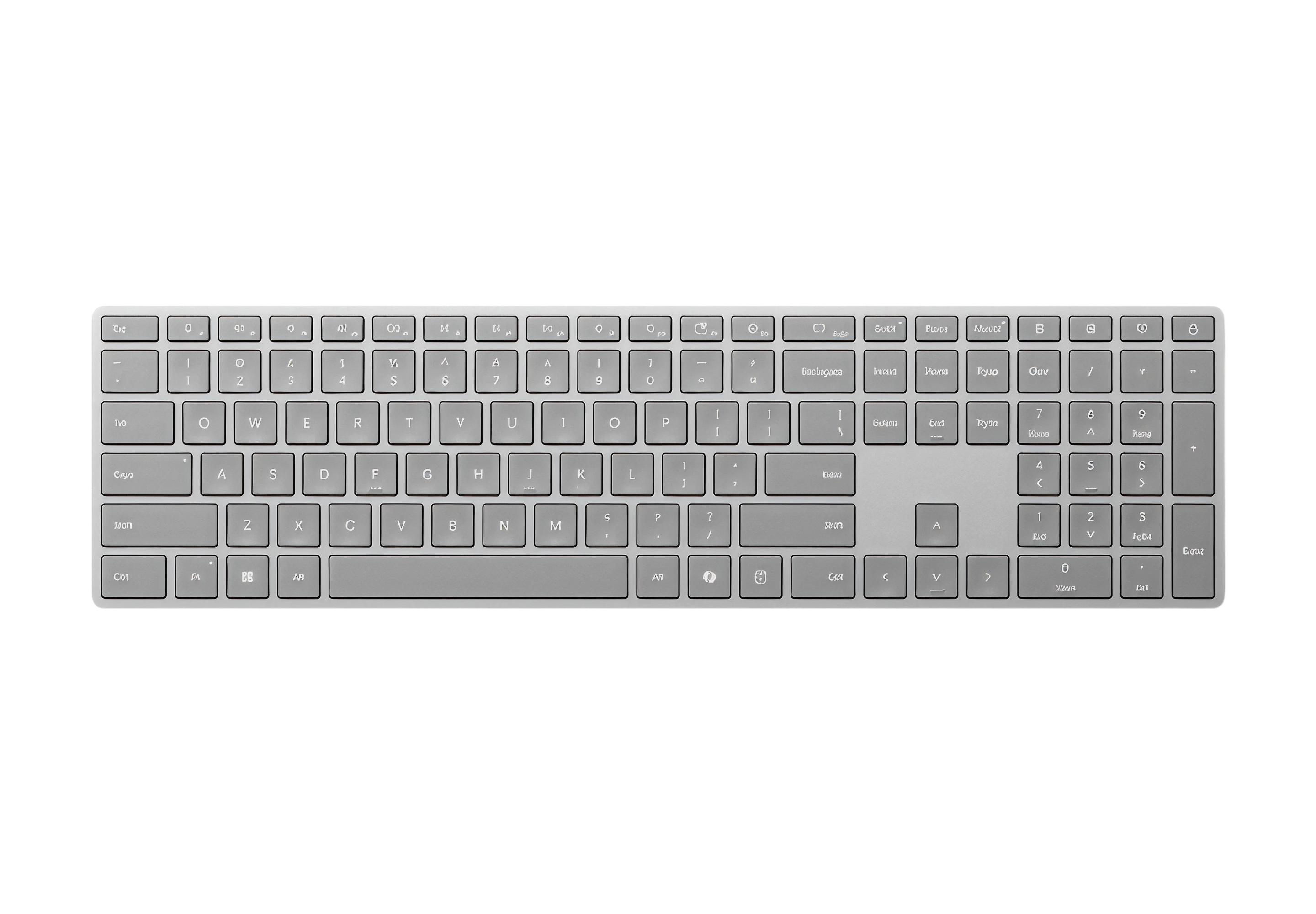 Top-down view of a full-size grey Surface Keyboard with numeric keypad on a dark background