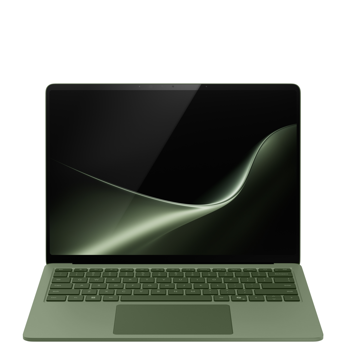 Front view of a Jade Surface Laptop 13.8 inch open with a Windows rainbow bloom displayed on the screen