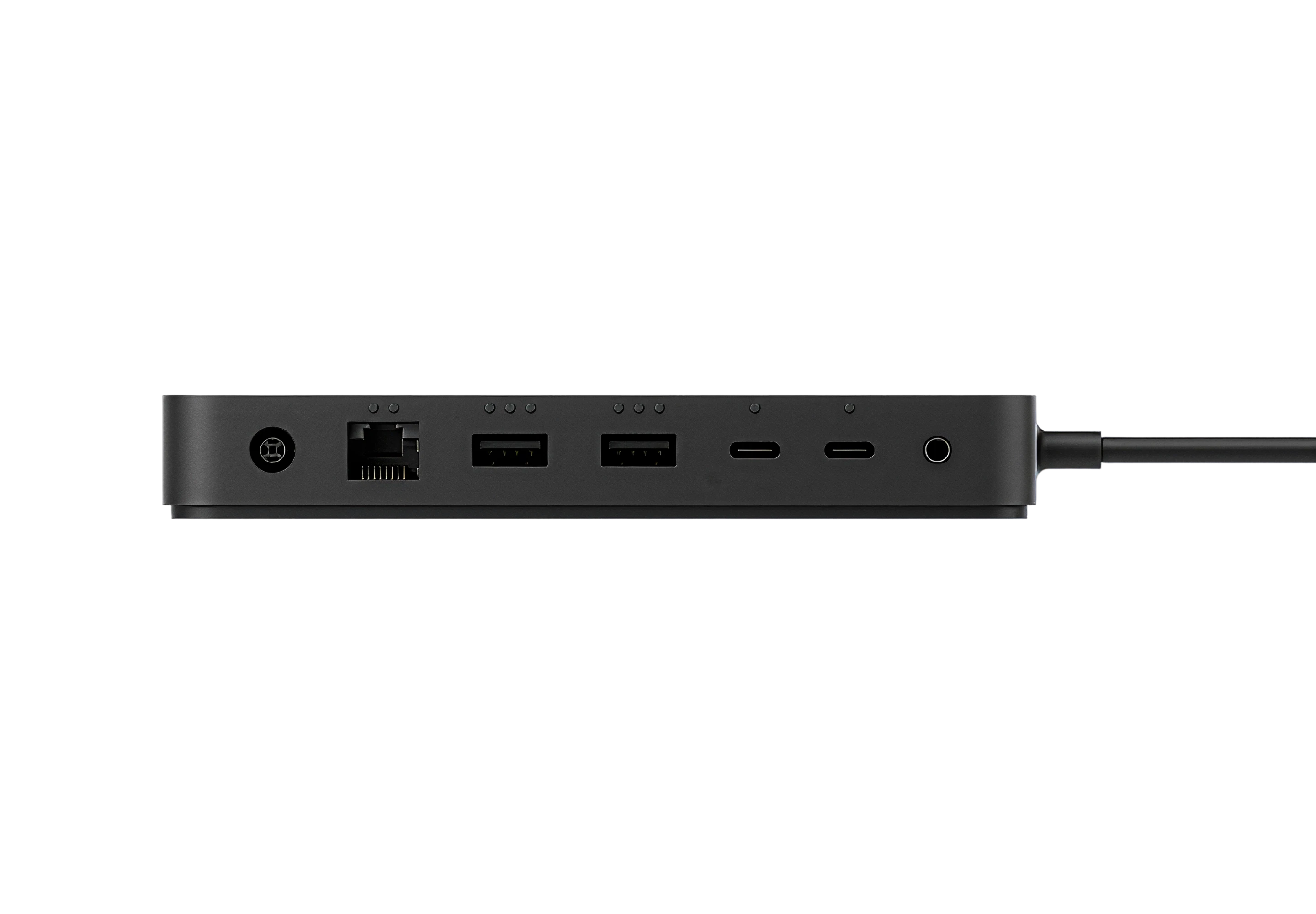 Black docking hub with multiple ports including Ethernet, USB-A, USB-C and audio, connected by a cable on a light background