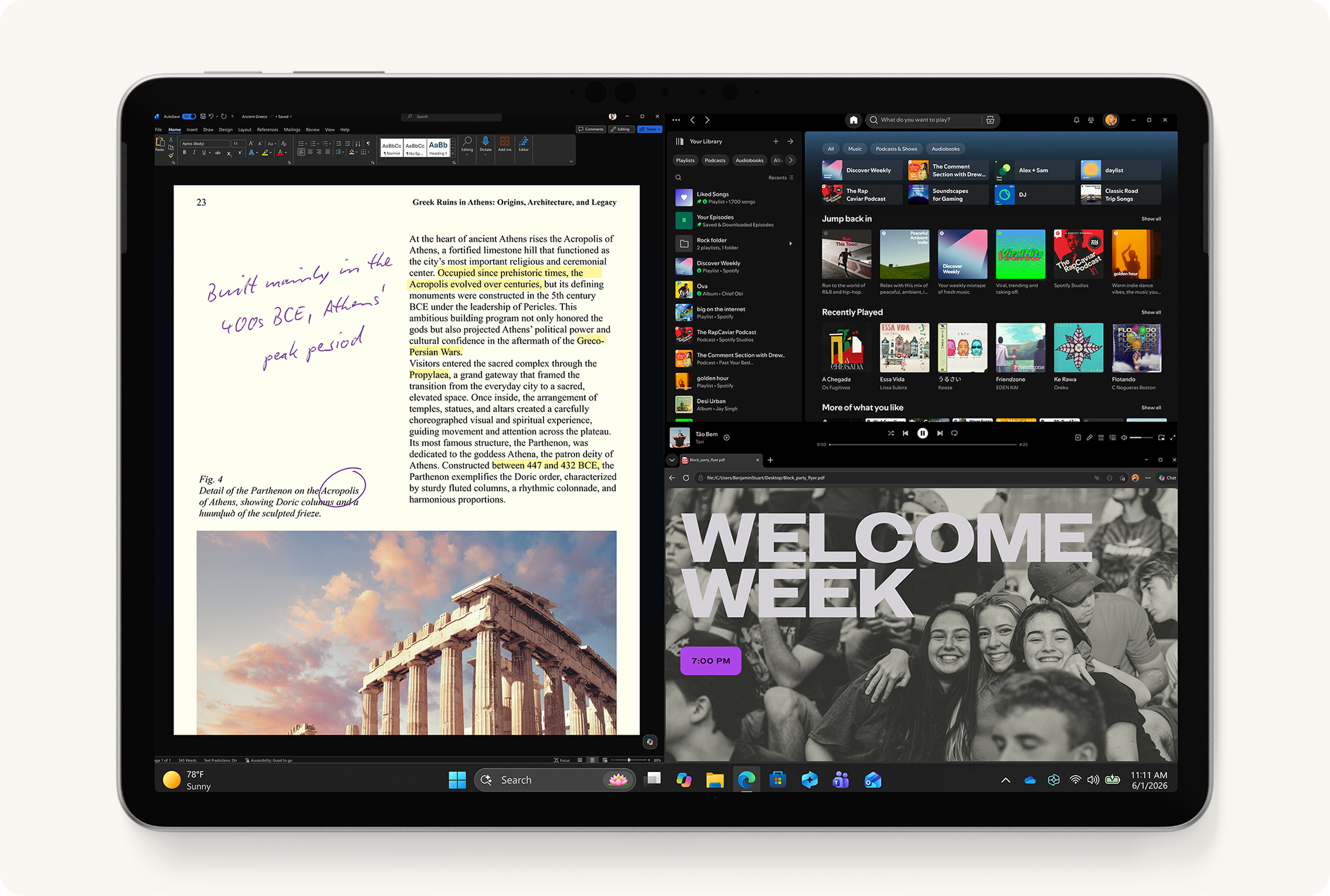 12‑inch Surface Pro in platinum displaying a multitasking layout with a document open in Microsoft Word on the left and music and app windows on the right