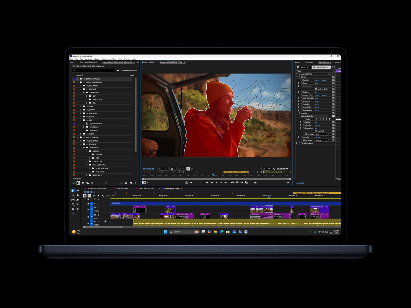 Adobe Premiere Pro interface showing video editing timeline with clips and a preview of a desert campsite at dusk