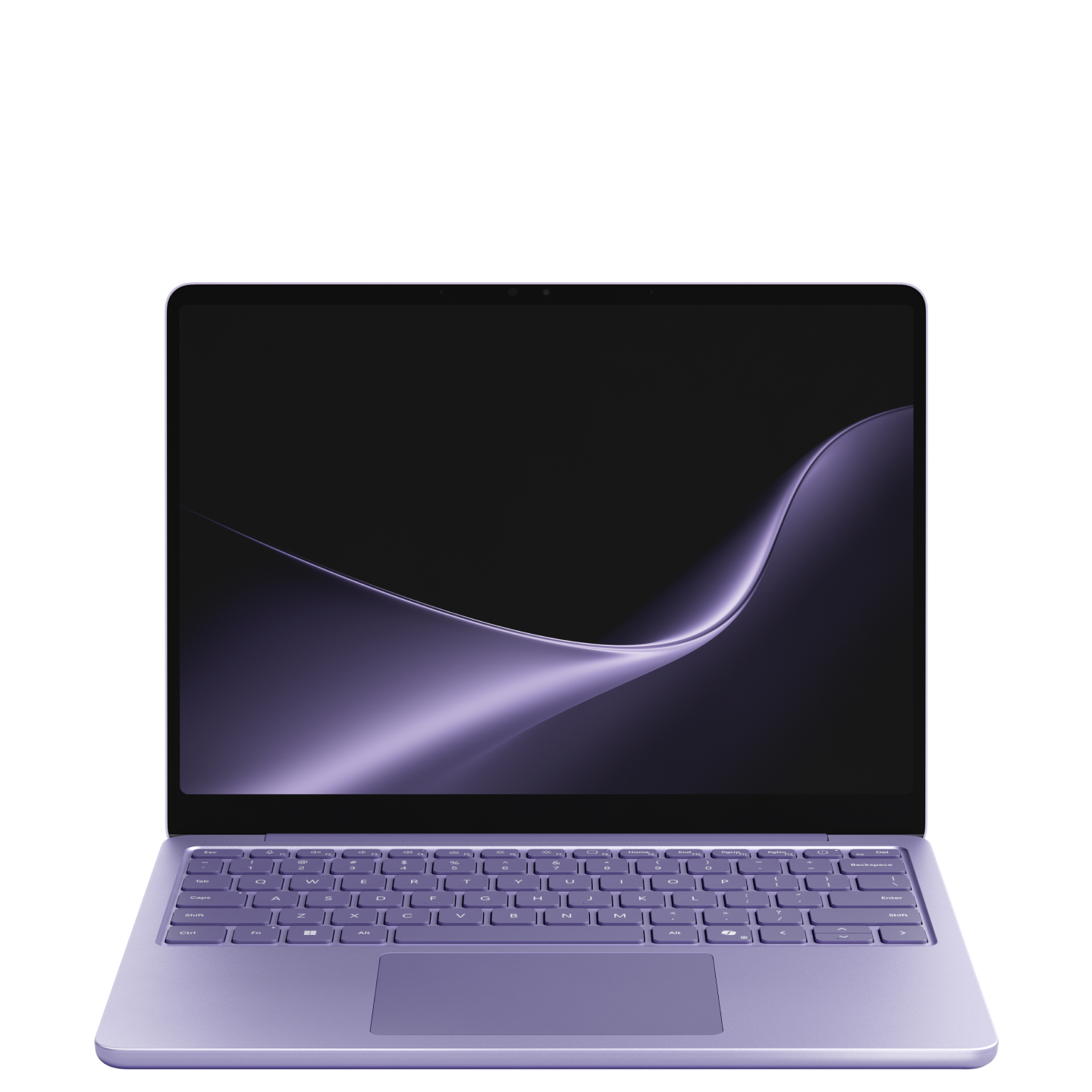 Front view of a violet Surface Laptop 13 inch open with a Windows rainbow bloom displayed on the screen