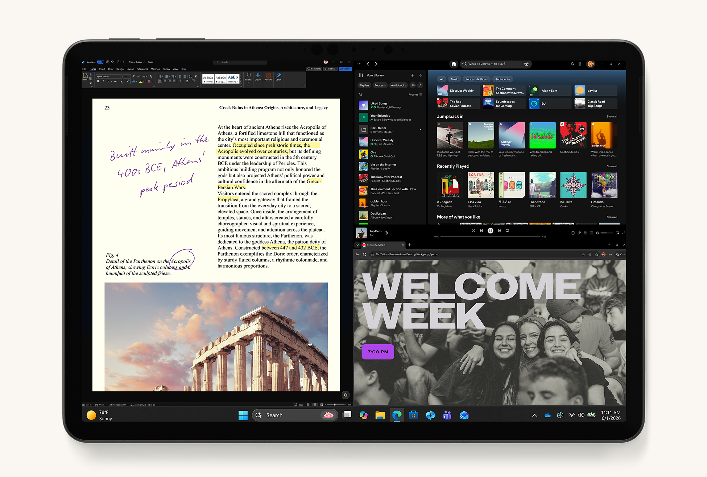 12‑inch Surface Pro tablet in black color showing split-screen apps: a document with annotations, a music app interface, and a colorful illustration