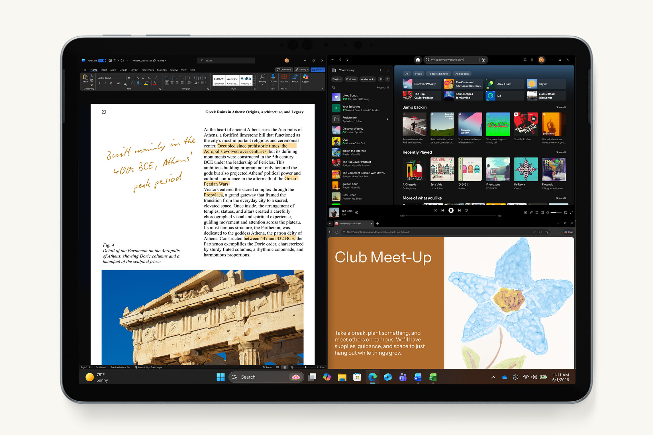 12‑inch Surface Pro tablet in ocean colour showing split-screen apps: a document with annotations, a music app interface and a colourful illustration