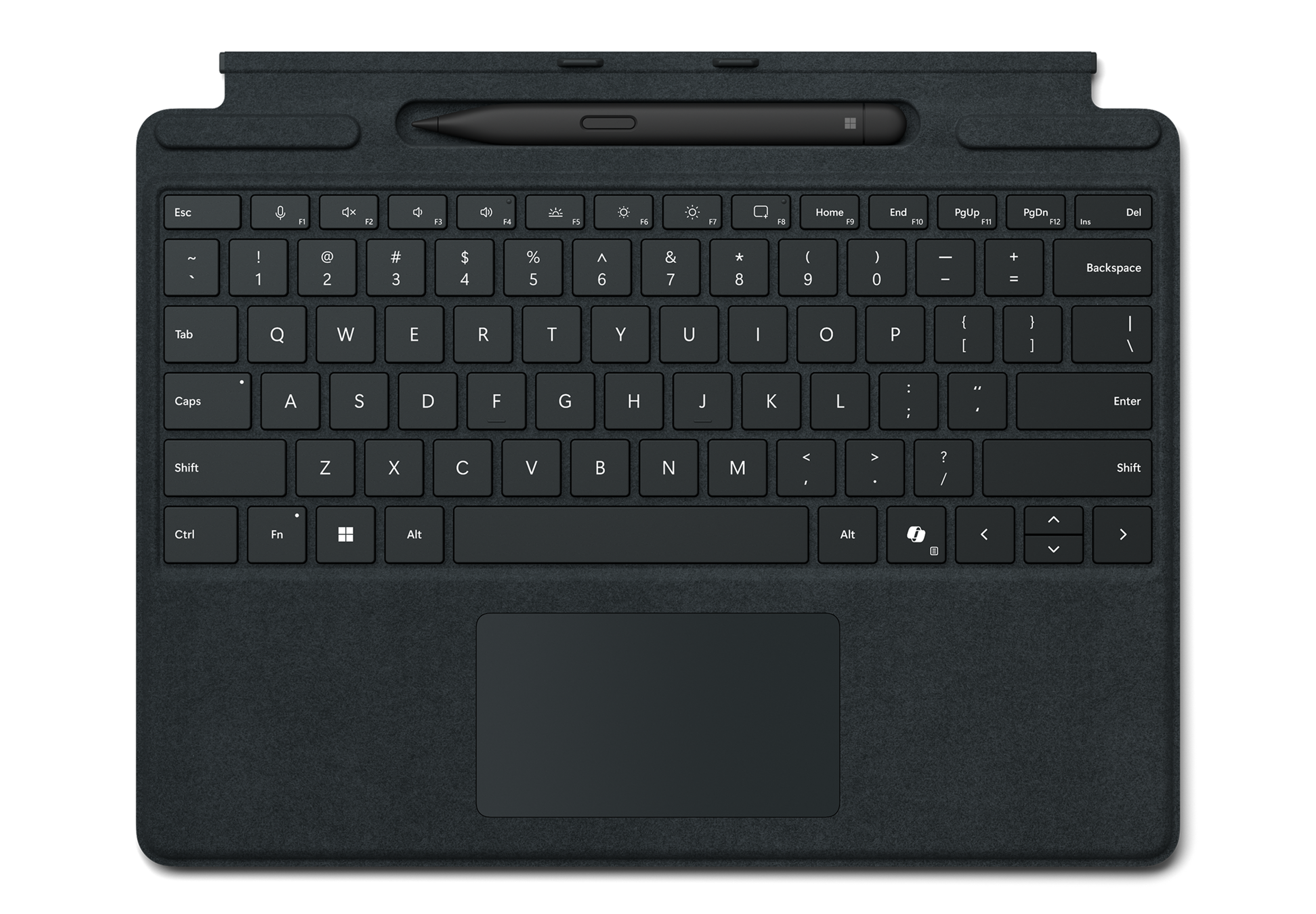 Dune fabric-covered keyboard with a large trackpad and a black stylus stored in a top slot