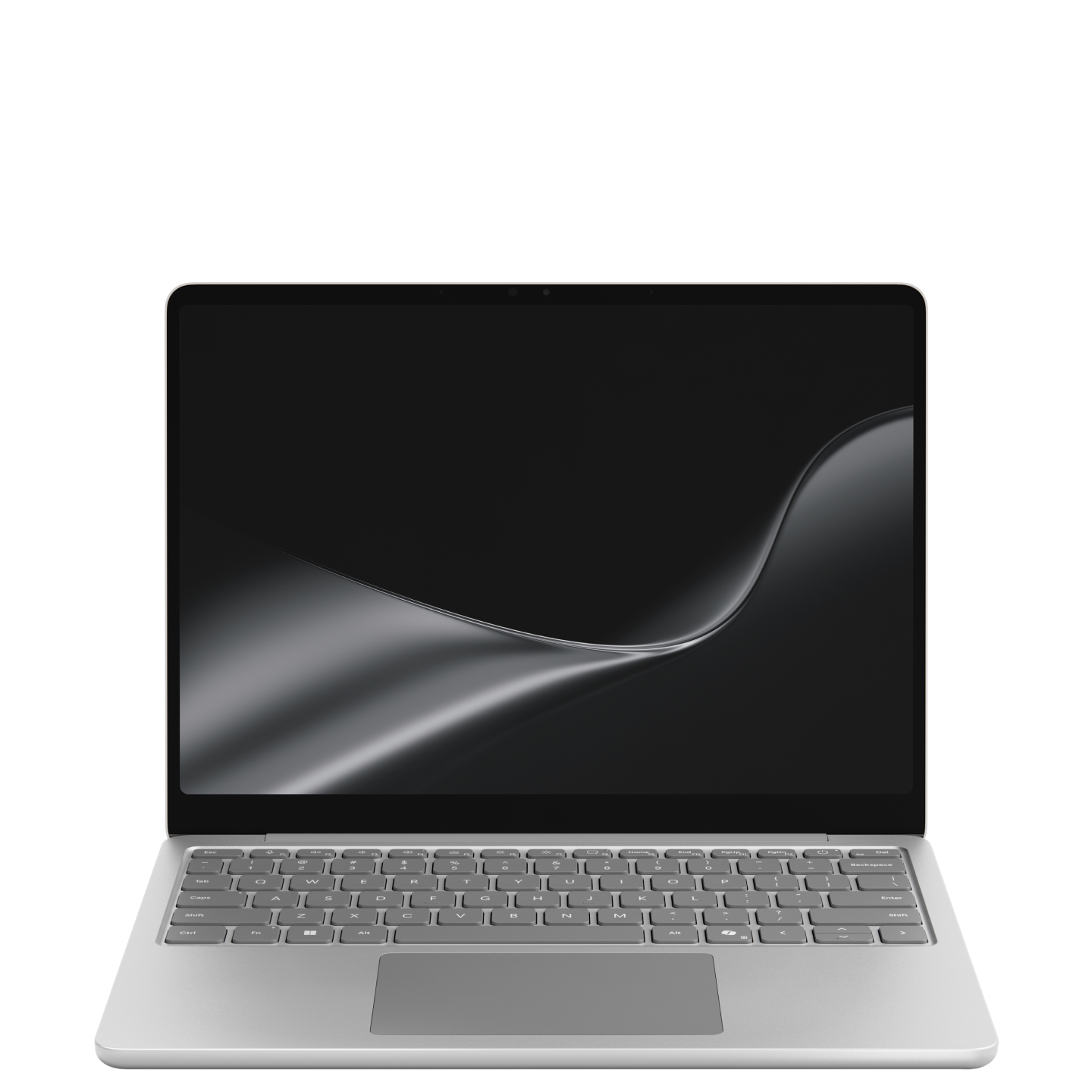 มุมมองด้านหน้าของ Surface Laptop สีเงินแพลตินัมขนาด 13 นิ้วที่เปิดอยู่ โดยมีภาพดอกไม้สีรุ้งของ Windows แสดงอยู่บนหน้าจอ