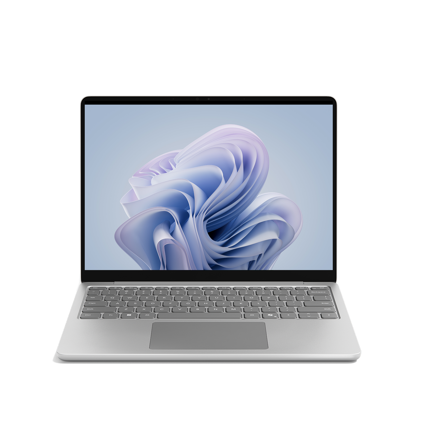 Front view of a platinum Surface Laptop 13 inch open with a Windows rainbow bloom displayed on the screen