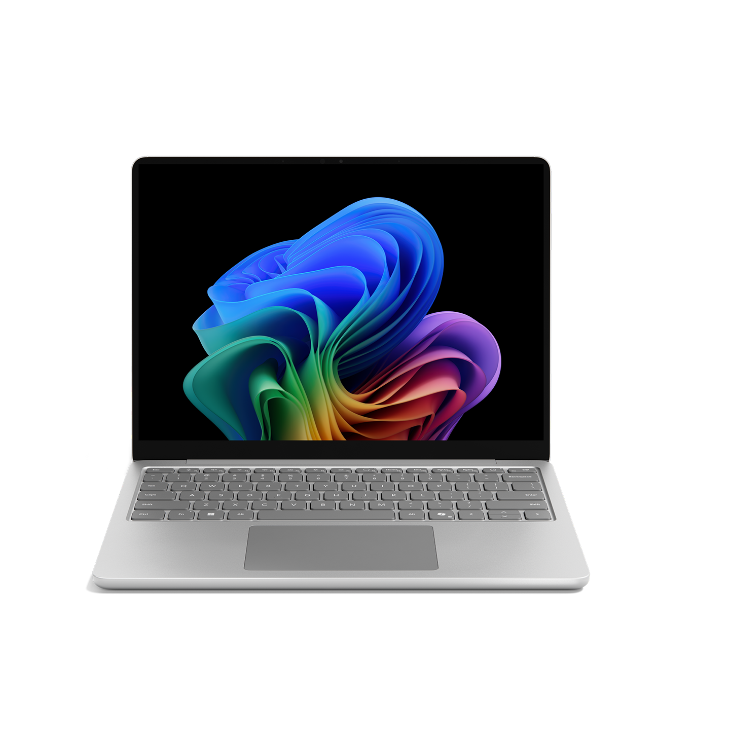 화면에 Windows 무지개 꽃이 만발한 상태로 열려 있는 플래티넘 Surface Laptop 13인치의 정면 모습