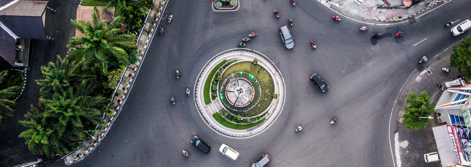 Image of aerial view of a roundabout with cars driving around it