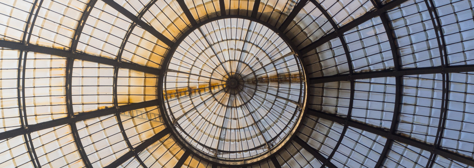 Image looking up at an ornate, circular window