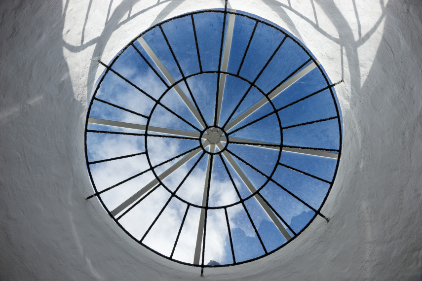 Image looking up towards the roof of a wind tunnel