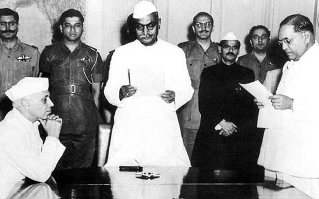 Rajendra Prasad, Jawaharlal Nehru, and B. R. Ambedkar discussing the Hindu code bills
