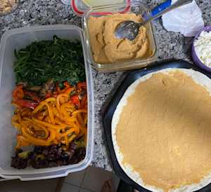 bean paste, fried spinach, peppers and mushrooms for wrap filling