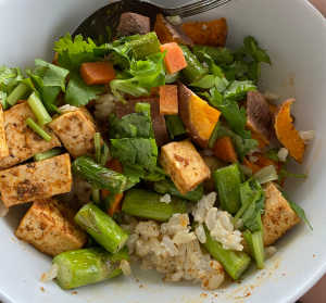 tofu, asparagus, sweet potato and cilantro over coconut sticky rice