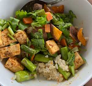 tofu, asparagus, sweet potato and cilantro over coconut sticky rice